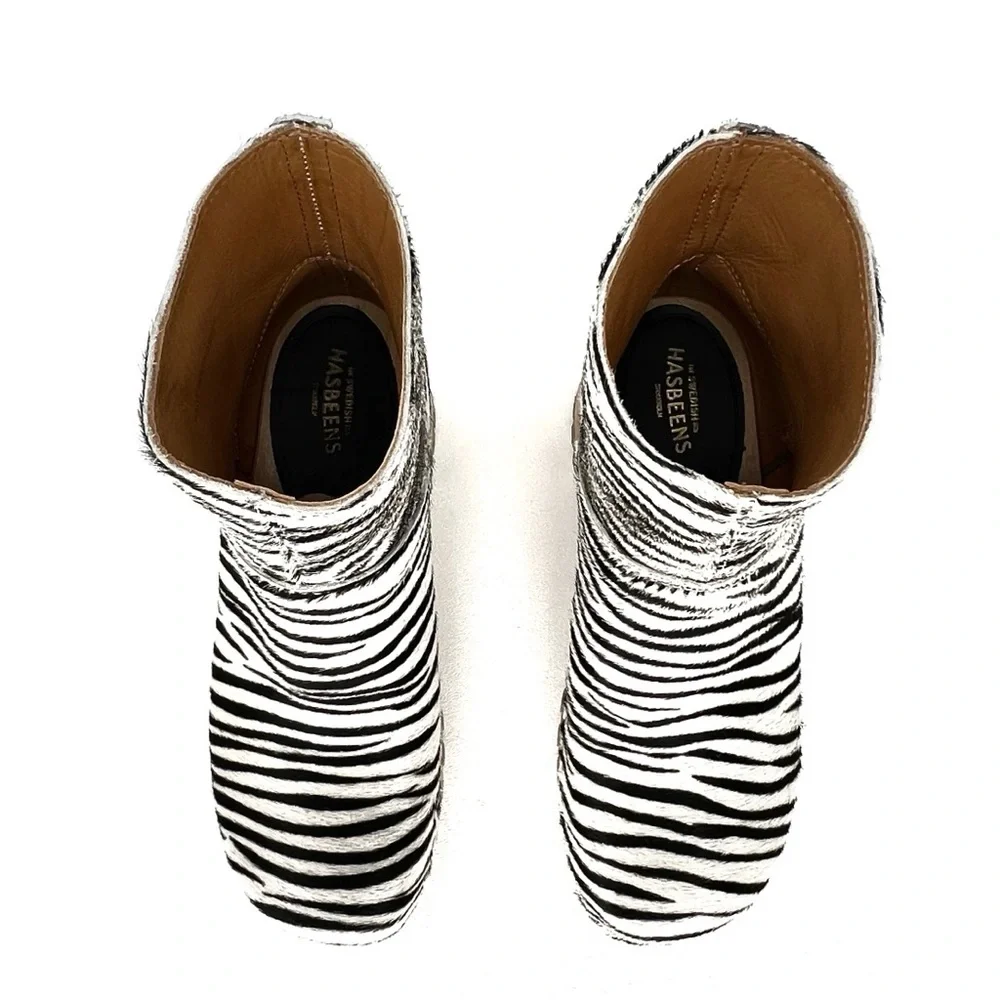 NEW Swedish Hasbeens Zebra Print Calf Hair Wooden Clog Booties Size 36/6 New